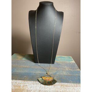 Bohemian Tassel Necklace With Woven Pendant & Gold Chain